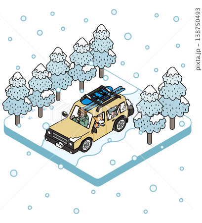 雪道を走るスキー板を積んだ車と犬の冬のイラスト 雪道を走るスキー板を積んだ車と犬の冬のイラスト 138750493