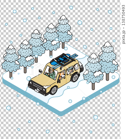 雪道を走るスキー板を積んだ車と犬の冬のイラスト 雪道を走るスキー板を積んだ車と犬の冬のイラスト 138750493