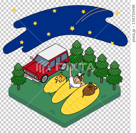 一幅等距視角的戶外場景插圖，圖中有人躺著凝視星空。 138750496