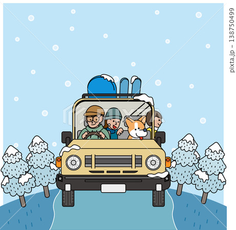 雪道を走る車と家族と犬の冬のドライブイラスト 138750499