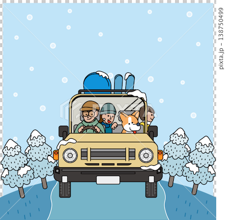 雪道を走る車と家族と犬の冬のドライブイラスト 138750499