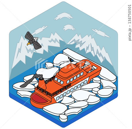 流氷の海を進む砕氷船のアイソメトリックイラスト 138750501