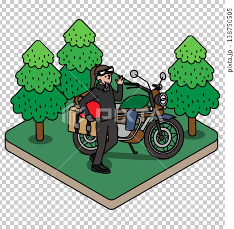 An illustration of a female rider enjoying a motorcycle tour in the forest. 138750505