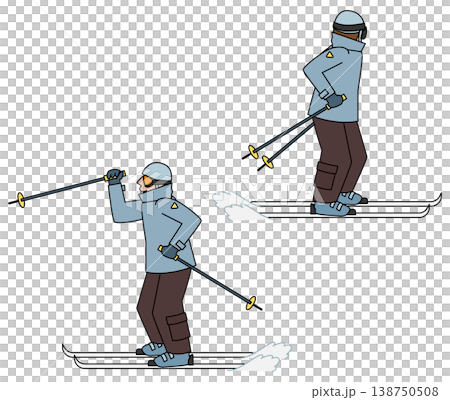 一組描繪人們以不同姿勢滑雪的插圖。 138750508