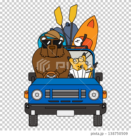 An illustration of a bear and a fox riding in a car loaded with outdoor equipment. An illustration of a bear and a fox riding in a car loaded with outdoor equipment. 138750509