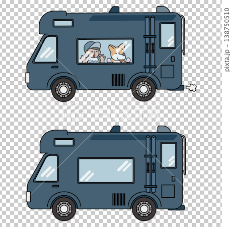 Simple illustration of a camper van with a dog and a person inside. 138750510