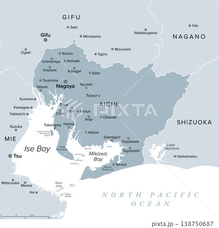 Aichi Prefecture of Japan, gray political map with capital Nagoya. Located in Chubu region of Honshu, bordering prefectures of Mie, Gifu, Nagano, and Shizuoka, facing the Ise and Mikawa Bays. Vector 138750687