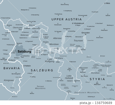 Salzkammergut region, a resort area in Austria, Europe, gray political map. Stretching from city of Salzburg eastwards to Dachstein Mountains, featuring iconic Sound of Music filming locations. Vector 138750689