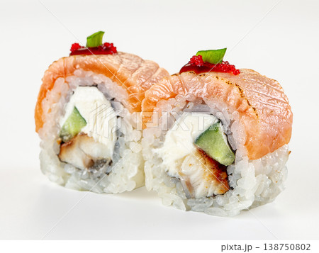 Seared salmon sushi rolls with cream cheese, eel, and cucumber on a white background Seared salmon sushi rolls with cream cheese, eel, and cucumber on a white background 138750802