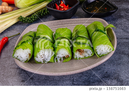 Vietnamese green nem spring rolls in leaf 138751083