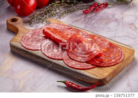 Spicy sliced chorizo sausages snack Spicy sliced chorizo sausages snack 138751377