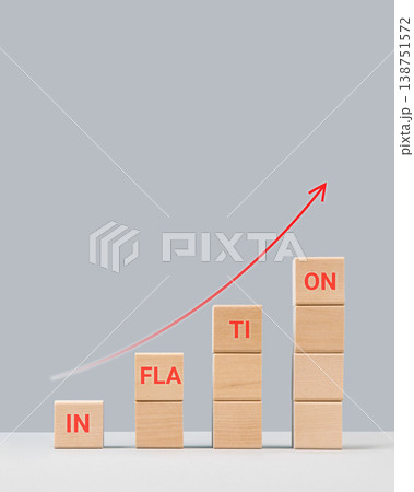 Wooden block and the word inflation on a gray background. Increase in interest rates. Global economy, bankruptcy and controlling inflation. 138751572