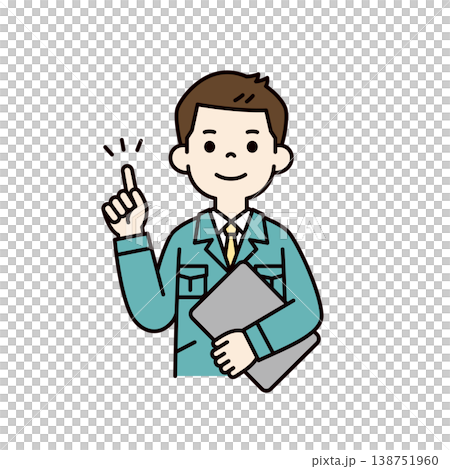 一張向量插圖，描繪了一位身穿工作服的年輕男員工的上半身，他手持筆記型電腦，正在講解重點。 138751960