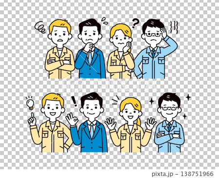 困りごとが解決して喜ぶ、社長と作業着を着た男女の従業員の上半身ベクターイラスト素材セット 困りごとが解決して喜ぶ、社長と作業着を着た男女の従業員の上半身ベクターイラスト素材セット 138751966