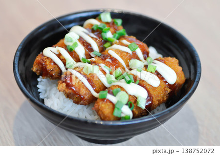 fried pork and rice, pork ball or fried sausage and rice or Breaded Pork Cutlet Bowl or Butadon or Deep fried Pork Cutlet on Rice or Japanese pork cutlet rice bowlJapanese pork rice bowl fried pork and rice, pork ball or fried sausage and rice or Breaded Pork Cutlet Bowl or Butadon or Deep fried Pork Cutlet on Rice or Japanese pork cutlet rice bowlJapanese pork rice bowl 138752072