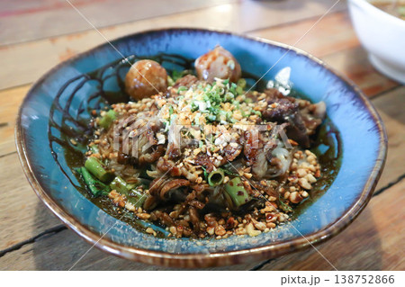 dry noodles or plain noodles, Chinese noodle with meatball and beef or noodles without soup dry noodles or plain noodles, Chinese noodle with meatball and beef or noodles without soup 138752866