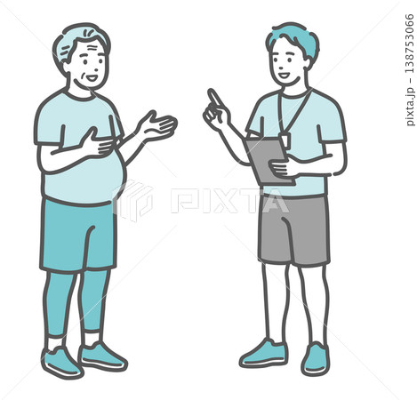笑顔で男性トレーナーと会話をするぽっちゃり体型のシニア男性のイラスト 138753066