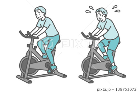 フィットネスバイクを漕ぐ標準体型とぽっちゃり体型のシニア男性の比較セットイラスト フィットネスバイクを漕ぐ標準体型とぽっちゃり体型のシニア男性の比較セットイラスト 138753072