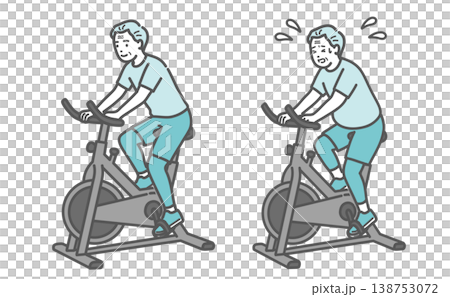 一組插圖，對比了一位體型正常的老年男性和一位體型略微超重的老年男性騎健身自行車的情況。 138753072