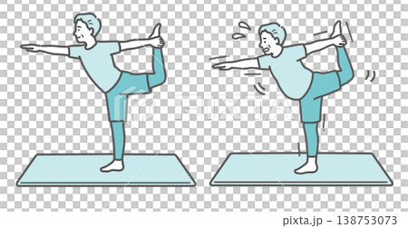 一組插圖，對比了一位體型標準的老年男性和一位體型略微超重的老年男性做瑜伽舞者姿勢的樣子。 138753073