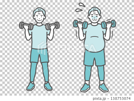 ダンベルトレーニングをする標準体型とぽっちゃり体型のシニア男性の比較セットイラスト ダンベルトレーニングをする標準体型とぽっちゃり体型のシニア男性の比較セットイラスト 138753074