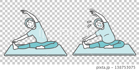 一組插圖，對比了一位身材正常的老年男性和一位略微超重的老年男性做側身伸展運動的樣子。 138753075