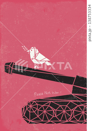 Abstract polygon peace dove carrying olive branch on military tank with pink vertical background fade condition with scratches and distress texture have blank space. Abstract polygon peace dove carrying olive branch on military tank with pink vertical background fade condition with scratches and distress texture have blank space. 138753334