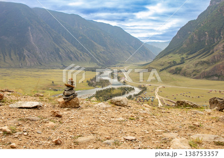 Stone pyramid of Chulyshman river and valley. Natural mountain landscape from famous stone mushroom rocks Altai Republic, tourist place, summer day, Siberia, Russia. Asia. 138753357