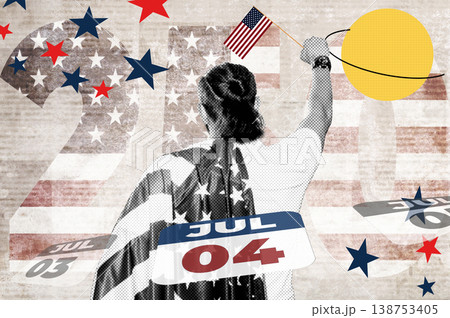 Happy American Man Celebrating Independence Day with USA Flag, Creative Halftone Collage Happy American Man Celebrating Independence Day with USA Flag, Creative Halftone Collage 138753405
