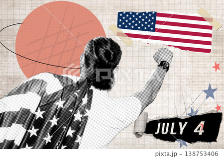 Happy American Man Celebrating Independence Day with USA Flag, Creative Halftone Collage Happy American Man Celebrating Independence Day with USA Flag, Creative Halftone Collage 138753406