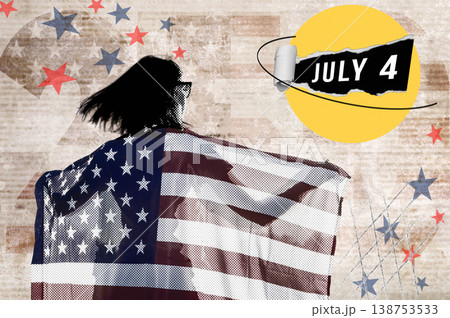 Happy American Woman Celebrating Independence Day with USA Flag, Creative Halftone Collage Happy American Woman Celebrating Independence Day with USA Flag, Creative Halftone Collage 138753533