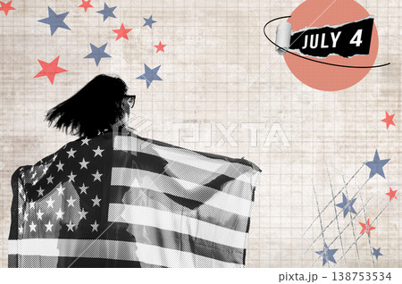 Happy American Woman Celebrating Independence Day with USA Flag, Creative Halftone Collage 138753534