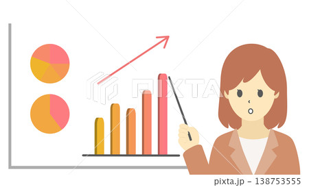 ビジネスにおける売上上昇を説明する女性とグラフのイラスト(暖色) ビジネスにおける売上上昇を説明する女性とグラフのイラスト(暖色) 138753555