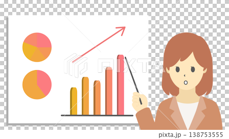 ビジネスにおける売上上昇を説明する女性とグラフのイラスト(暖色) ビジネスにおける売上上昇を説明する女性とグラフのイラスト(暖色) 138753555