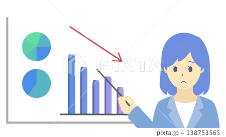 売上下降を説明する困った表情の女性とグラフのイラスト(寒色) 売上下降を説明する困った表情の女性とグラフのイラスト(寒色) 138753565