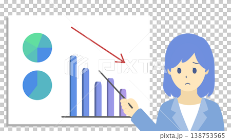 売上下降を説明する困った表情の女性とグラフのイラスト(寒色) 売上下降を説明する困った表情の女性とグラフのイラスト(寒色) 138753565