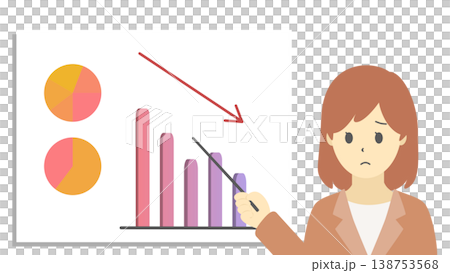 一幅(暖色調的)插圖,描繪了一位表情擔憂的女士解釋銷售額下降的原因,並附有一張圖表。 一幅(暖色調的)插圖,描繪了一位表情擔憂的女士解釋銷售額下降的原因,並附有一張圖表。 138753568