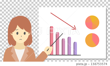 売上下降を説明する困った表情の女性とグラフのイラスト(暖色) 売上下降を説明する困った表情の女性とグラフのイラスト(暖色) 138753574
