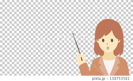 一幅描繪女商人手持指示棒的插圖（暖色調）。 138753581