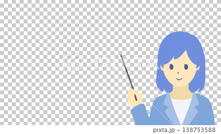 一幅描繪一位微笑的女商人手持指示棒的插圖（採用冷色調）。 138753588