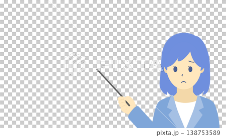 一幅描繪一位表情憂慮的女商人手持指示棒的插圖（冷色調）。 138753589