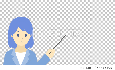 一幅描繪一位表情憂慮的女商人手持指示棒的插圖（冷色調）。 138753595