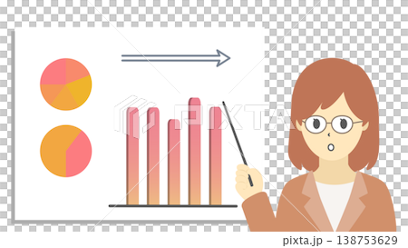 一張圖表插圖(暖色調),圖中一位戴眼鏡的女士正在解釋銷售停滯不前的原因。 一張圖表插圖(暖色調),圖中一位戴眼鏡的女士正在解釋銷售停滯不前的原因。 138753629