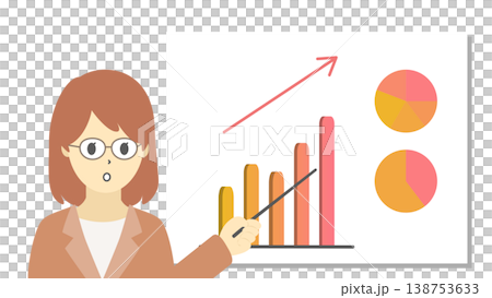 一張圖表插圖(暖色調),圖中一位戴眼鏡的女士正在解釋銷售額的成長。 一張圖表插圖(暖色調),圖中一位戴眼鏡的女士正在解釋銷售額的成長。 138753633