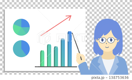 一張圖表插圖(採用冷色調),圖中一位戴眼鏡的女士正在解釋銷售額的成長情況。 一張圖表插圖(採用冷色調),圖中一位戴眼鏡的女士正在解釋銷售額的成長情況。 138753636