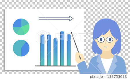 一張圖表插圖(採用冷色調),圖中一位戴眼鏡的女士正在解釋銷售停滯不前的原因。 一張圖表插圖(採用冷色調),圖中一位戴眼鏡的女士正在解釋銷售停滯不前的原因。 138753638