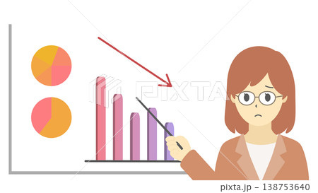 メガネの女性が売上下降を説明するグラフイラスト(暖色) メガネの女性が売上下降を説明するグラフイラスト(暖色) 138753640