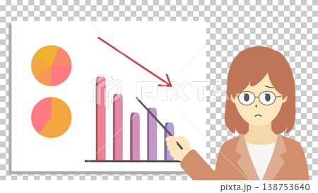 メガネの女性が売上下降を説明するグラフイラスト(暖色) メガネの女性が売上下降を説明するグラフイラスト(暖色) 138753640