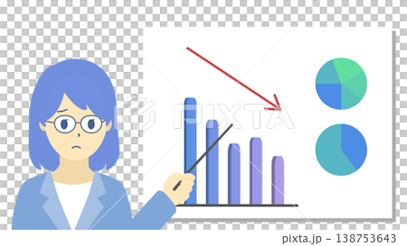 一張圖表插圖(採用冷色調),圖中一位戴眼鏡的女士正在解釋銷售額下降的原因。 一張圖表插圖(採用冷色調),圖中一位戴眼鏡的女士正在解釋銷售額下降的原因。 138753643