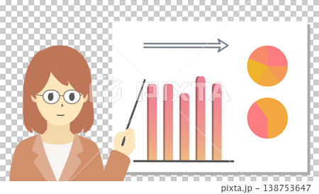 一張圖表插圖(暖色調),圖中一位戴眼鏡的女士正在解釋銷售停滯不前的原因。 一張圖表插圖(暖色調),圖中一位戴眼鏡的女士正在解釋銷售停滯不前的原因。 138753647